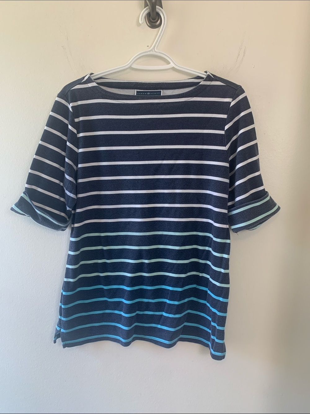Talbots Navy White Aqua Striped Nautical Short Sleeve Top